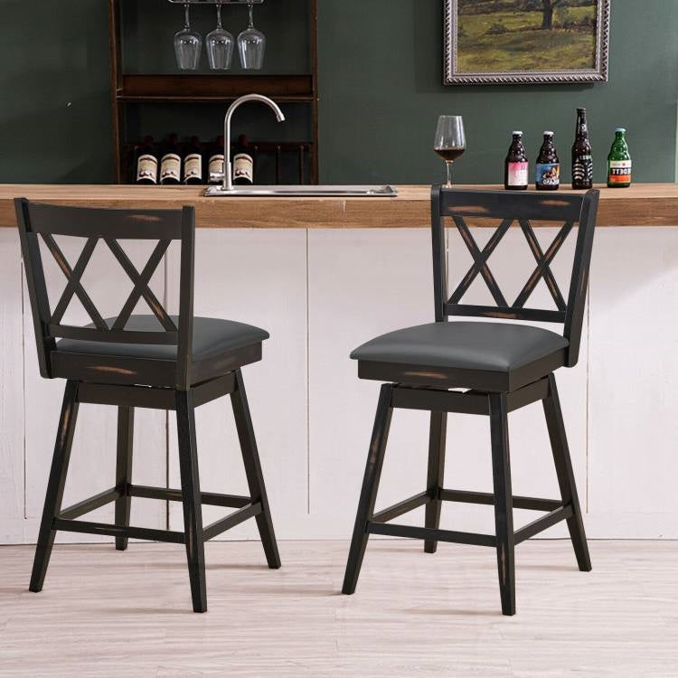 Juego de 2 taburetes de bar giratorios de madera negra de 24 pulgadas, altura de mostrador, estilo rústico, con asiento acolchado