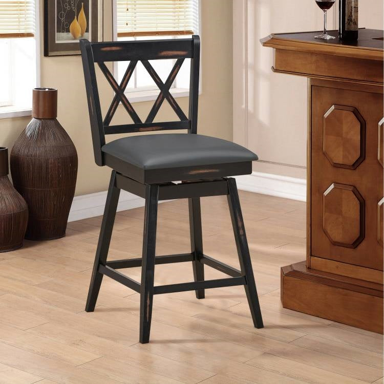 Juego de 2 taburetes de bar giratorios de madera negra de 24 pulgadas, altura de mostrador, estilo rústico, con asiento acolchado