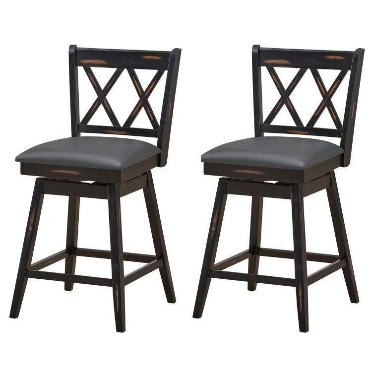 Juego de 2 taburetes de bar giratorios de madera negra de 24 pulgadas, altura de mostrador, estilo rústico, con asiento acolchado