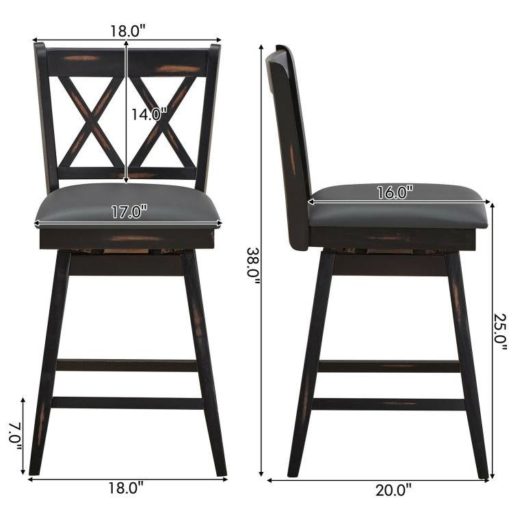 Juego de 2 taburetes de bar giratorios de madera negra de 24 pulgadas, altura de mostrador, estilo rústico, con asiento acolchado