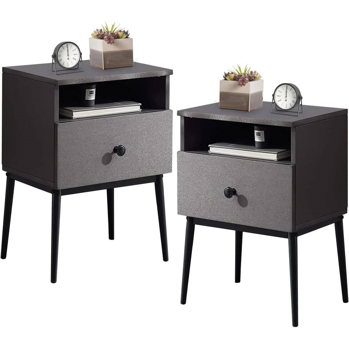 Juego de 2 - Mesa Auxiliar Mesita de Noche de Estilo Moderno de Mediados de Siglo con Acabado de Madera Gris y Negro