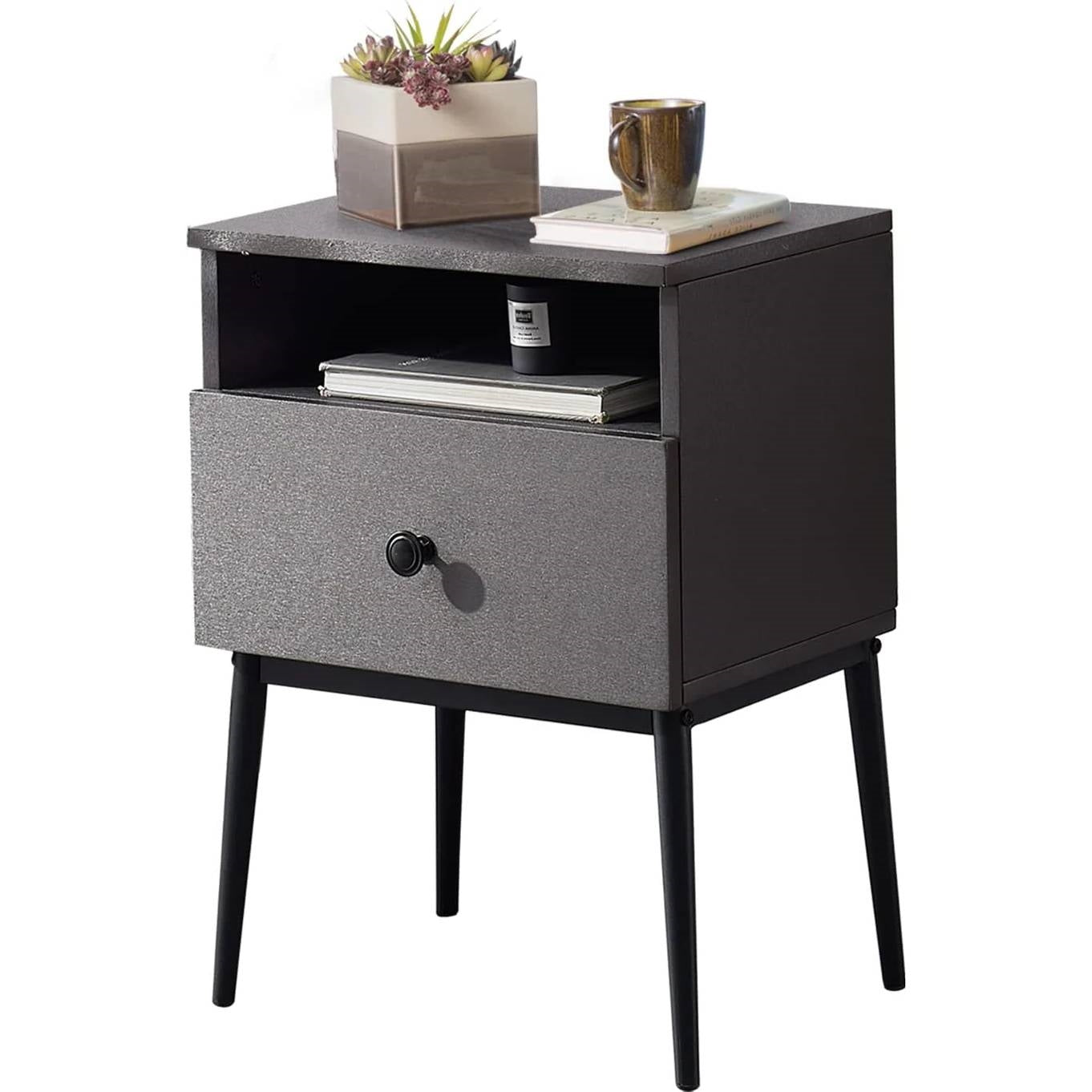 Juego de 2 - Mesa Auxiliar Mesita de Noche de Estilo Moderno de Mediados de Siglo con Acabado de Madera Gris y Negro