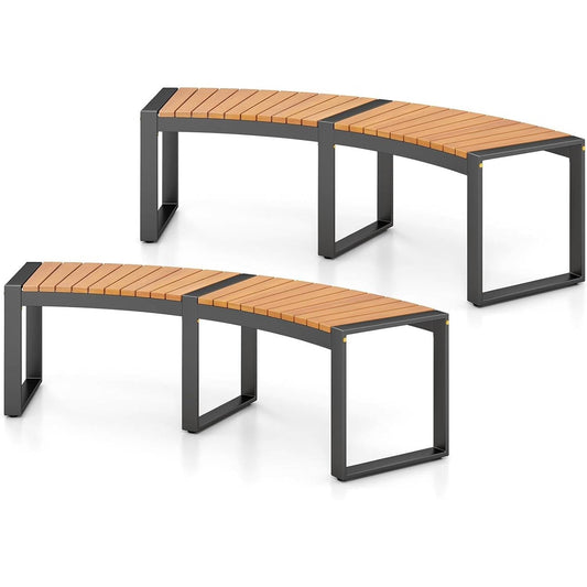 Juego de 2 - Banco de jardín sin respaldo de metal y madera para exteriores con diseño curvo moderno