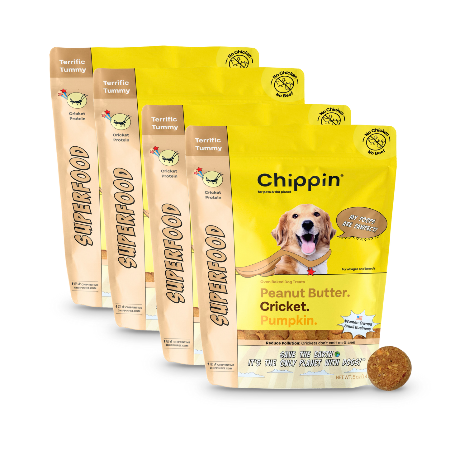 Premios de superalimento para perros de Grillo y Calabaza, paquete de 4