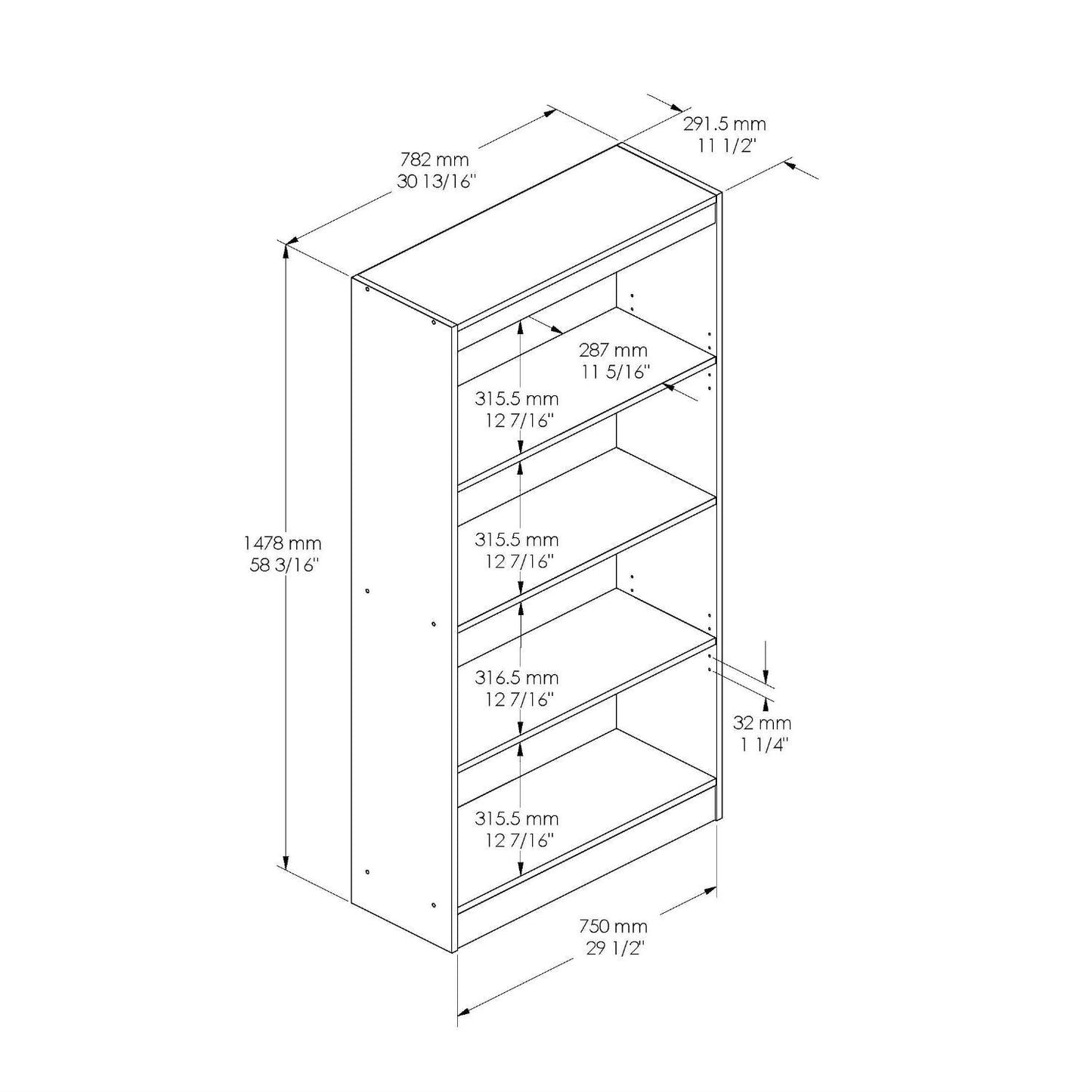 White 4-Shelf Bookcase with 2 Adjustable Shelves