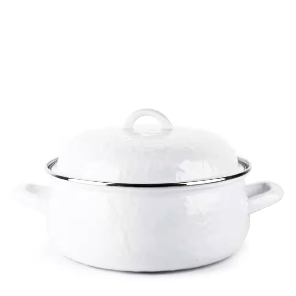 Olla de hierro fundido holandesa de 3.7 litros de acero con recubrimiento de porcelana blanca, con tapa y adornos de acero inoxidable