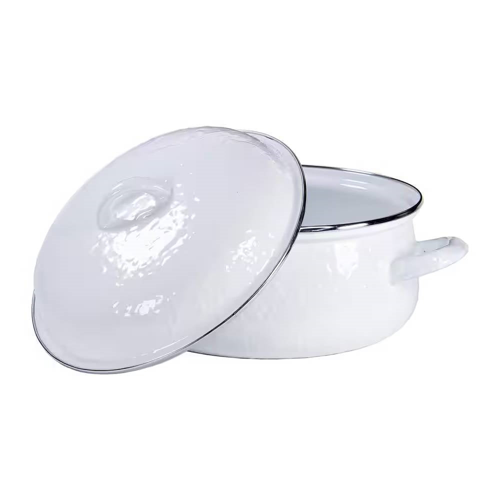 Olla de hierro fundido holandesa de 3.7 litros de acero con recubrimiento de porcelana blanca, con tapa y adornos de acero inoxidable