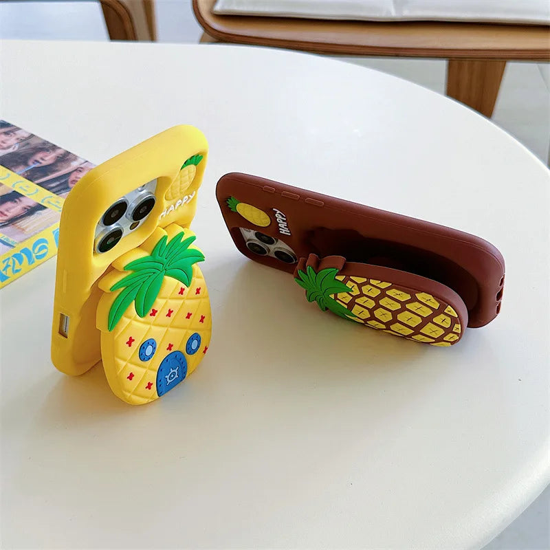 3D Cartoon Pineapple Telescopic Bracket Soft Silicone Phone Case For iPhone