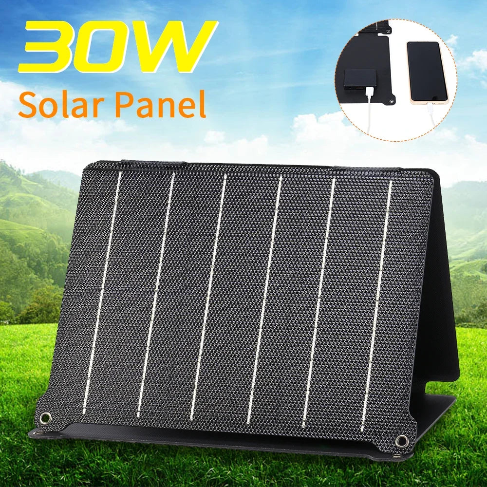 Foldable Solar Panel 5V/12V USB Portable Waterproof Cell Phone Power Pack Outdoor Battery Charger for Hiking Camping 30W