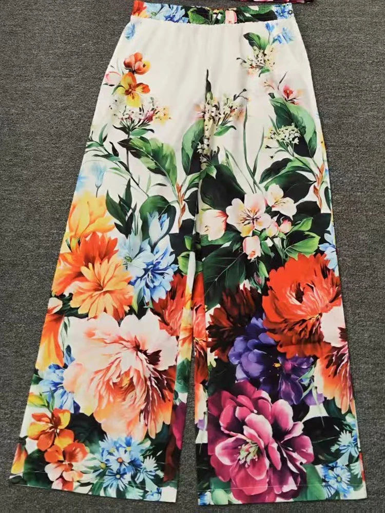Spring and Summer New Women's Printed Pants Lapel Short Sleeve Waist Short Shirt + High Waist Wide Leg Pants Elegant Two-Piece S