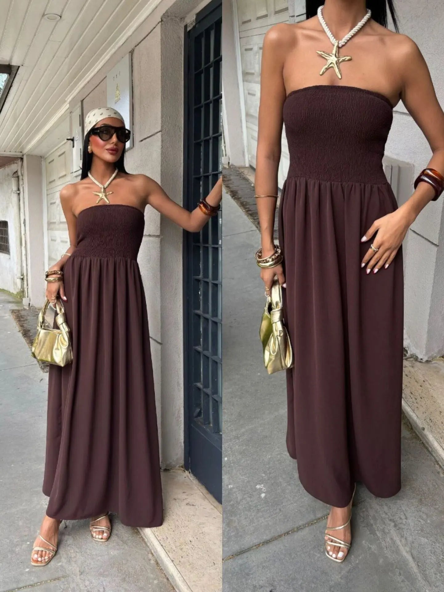 New Summer Fashion Solid Color Off-Shoulder Strapless Waist-Cinching