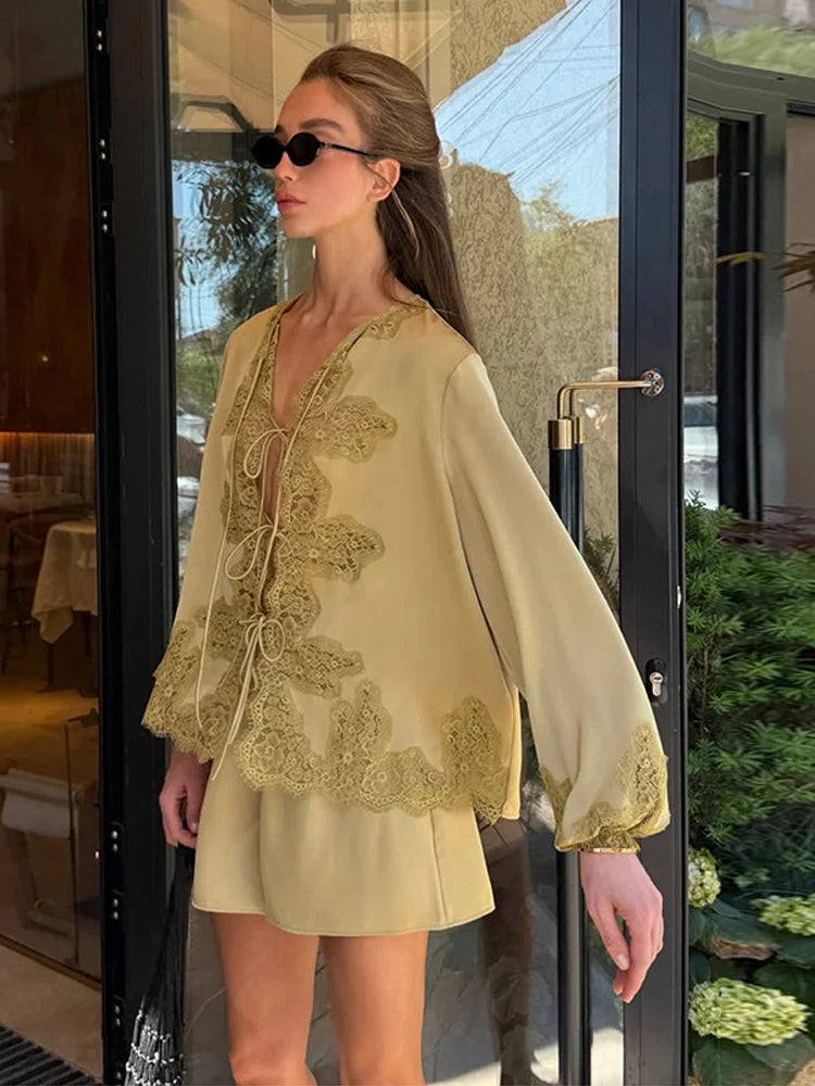 Elegant Women O Neck Long Sleeve Lace Up Shirt Chic Lace Patchwork Satin Blouse Shorts Set 2026 Summer Chic 2 Pcs Outfits Street