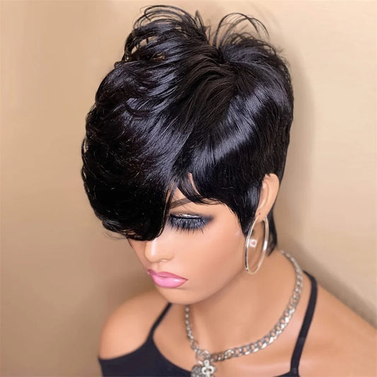 Peluca de cabello humano Remy hecha a máquina, corte pixie, 15 cm, color negro natural, densidad del 150 %, para uso diario o fiesta, peluca corta lisa estilo pixie