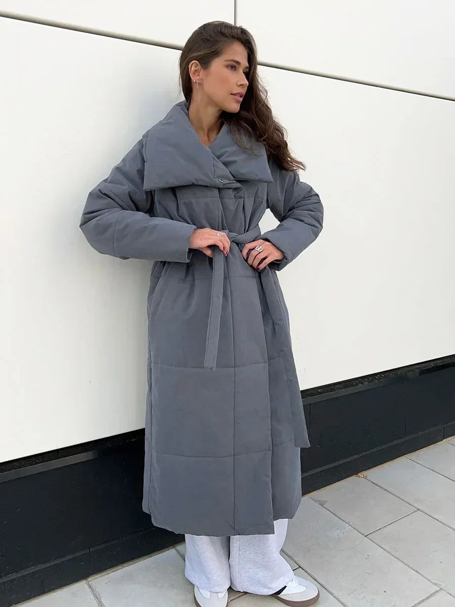 Bornladies Women Loose Quilted Jackets Parkas Winter Coats Oversized Warm Long Belt Puffer Jackets Ladies Cotton Padded Jacket