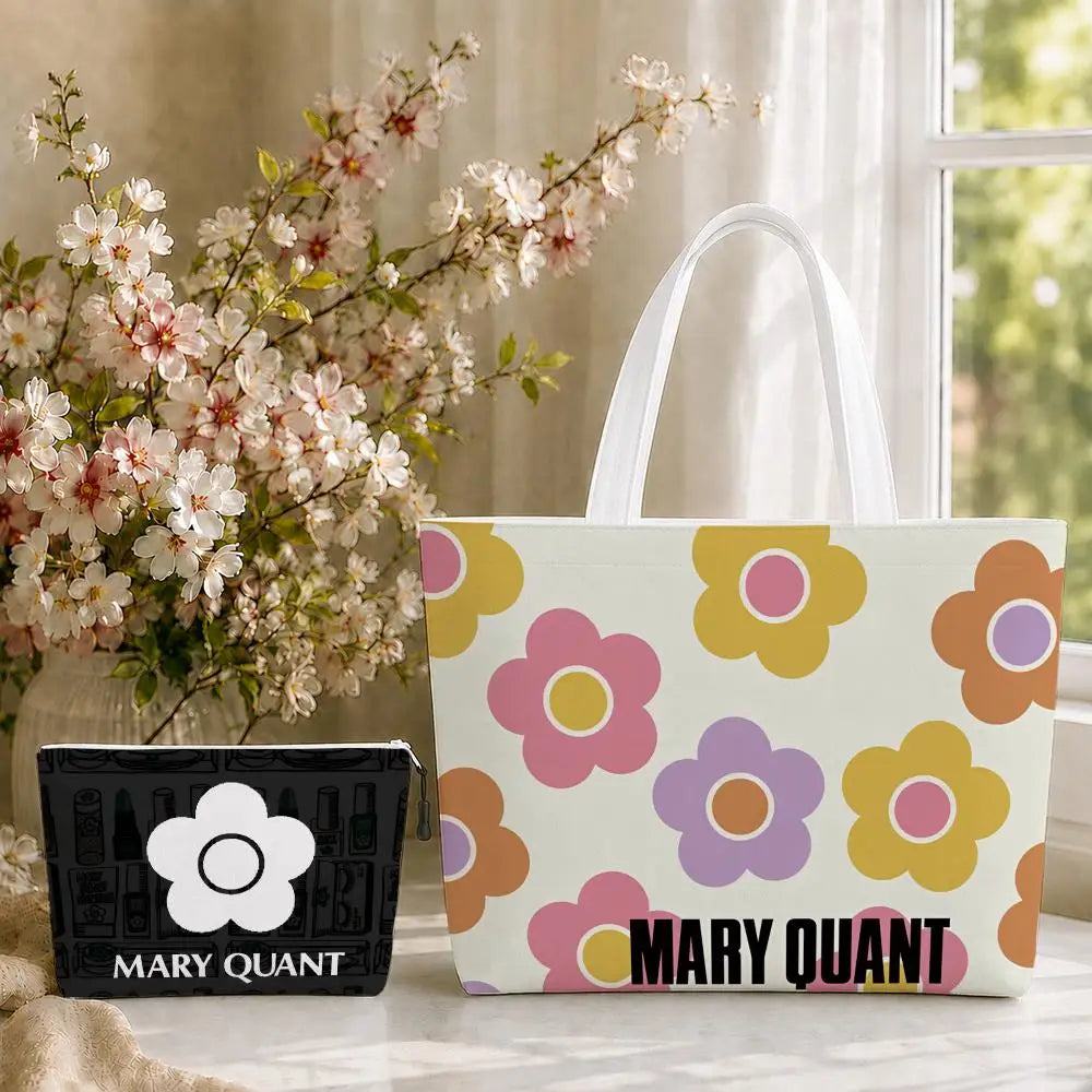 Fashion M-Mary Quant Storage Bags 2-Piece Canvas Tote Bag Set with Zipper Pouch Large Capacity Shopping Travel Bag