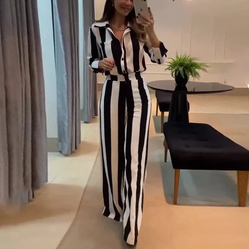 Women Two Pieces Set Striped Long Sleeve Turn Down Collar Shirts Button Wide Leg Pants Suits Regular Elegant Office Lady 2025