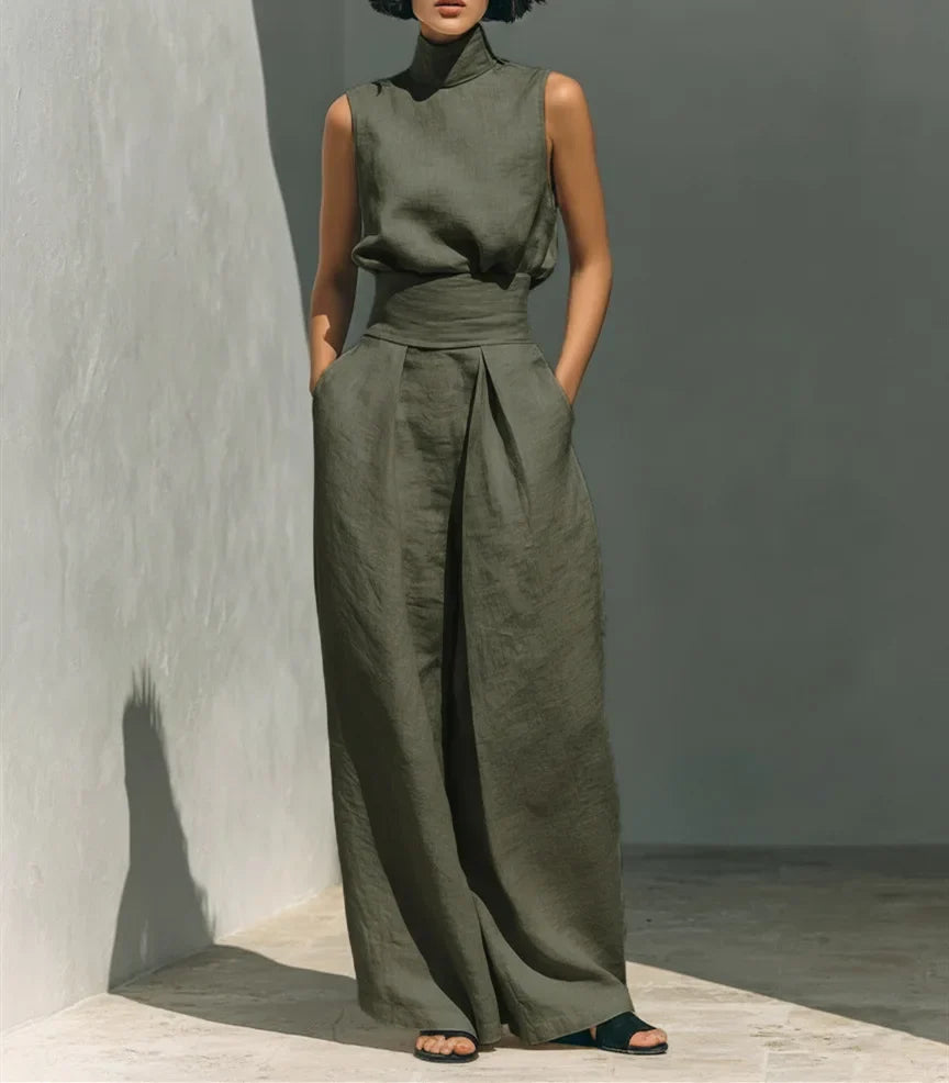 2026 Sleeveless Top+Wide Leg Pants Summer Casual Two-Piece Set Elegant And Loose Office Set High Street Pocket Women's Suits
