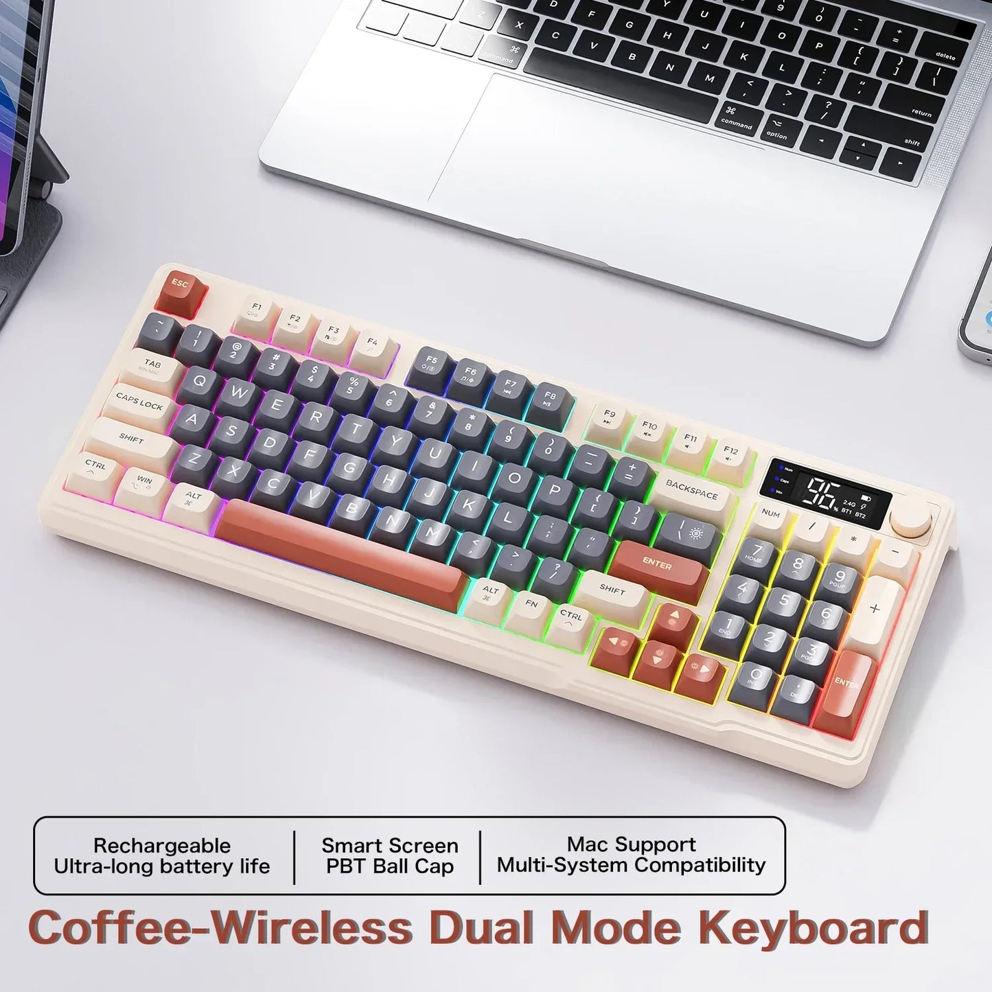 M96 Bluetooth Keyboard Wireless FREEWOLF Screen Gaming Keyboard Electronic Screen Multi-Device Connection Ergonomics Gaming