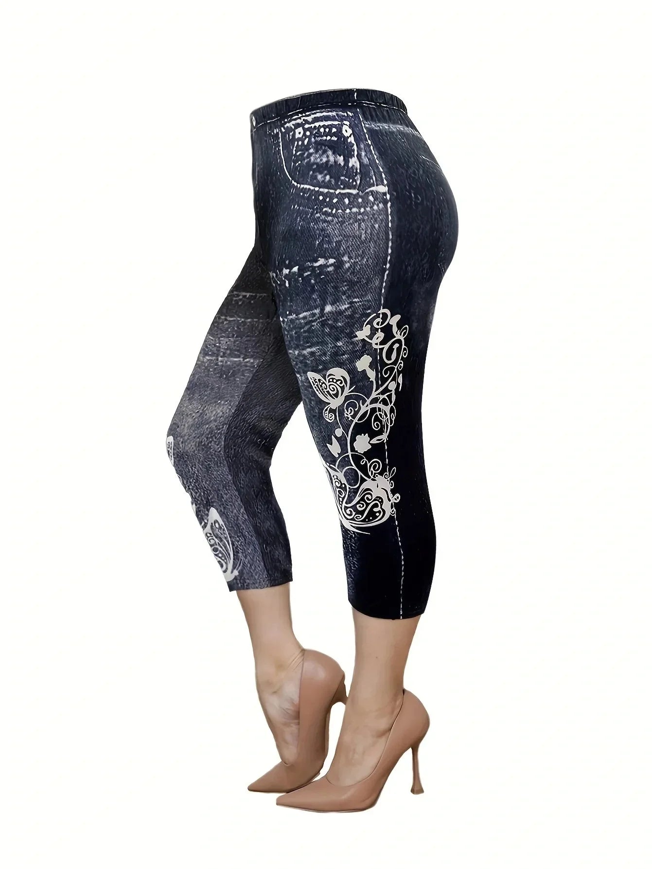 Plus Size Plus Size Ladies Shoulder Bared Fashion Denim Printed Pants Casual Slimming Two Piece Set Polyester Fiber from Main...