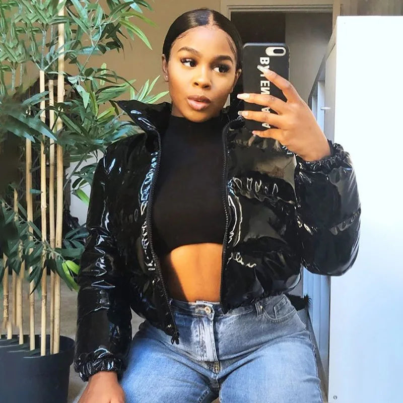 Fashion Cute Women Bright PU Pink Puffer Jacket Winter Warm Bubble Coats Shiny Leather Parkas Down Zipper Cropped Jackets Parkas