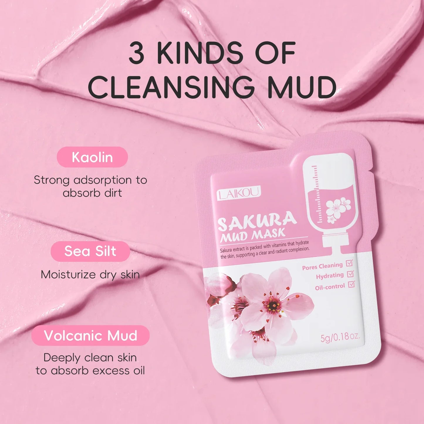 LAIKOU Japan Sakura Clay Mud Mask Hydrating Gentle Cleansing Refreshing Oil Balancing Daily Facial Skin Care Mask 5g
