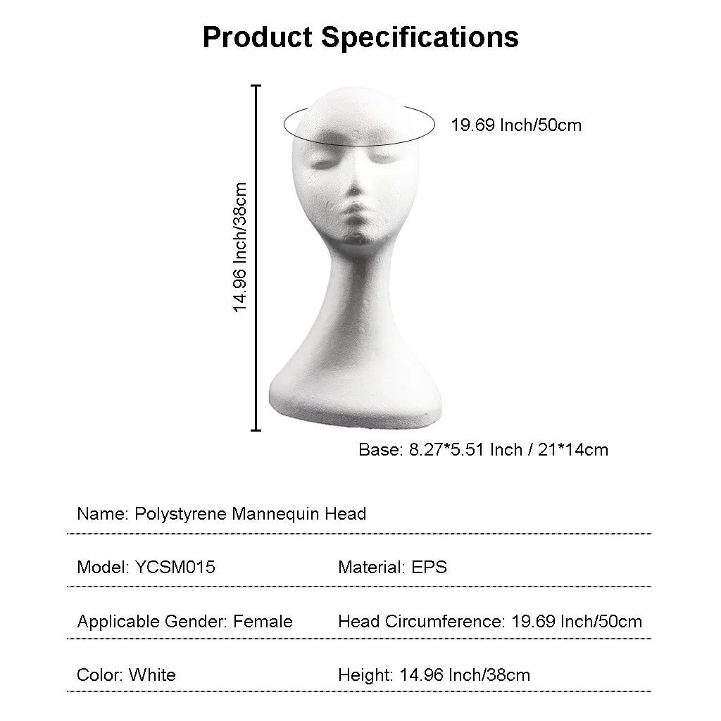 Maniquí de cabeza de espuma de poliestireno de 19.5 pulgadas para pelucas de mujer, para estilizar, modelar y exhibir pelucas, sombreros y postizos de mujer