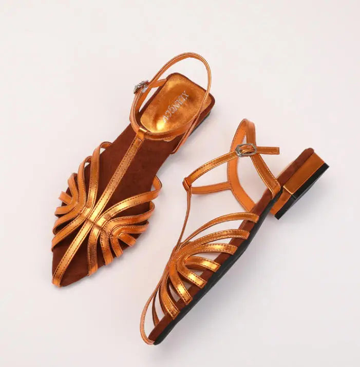 ZAROY Women Roman Sandals Summer Low Heel Ankle Strap Buckle Sandals Pointed Toe Hollowed Out T-strap Sandalias сандали