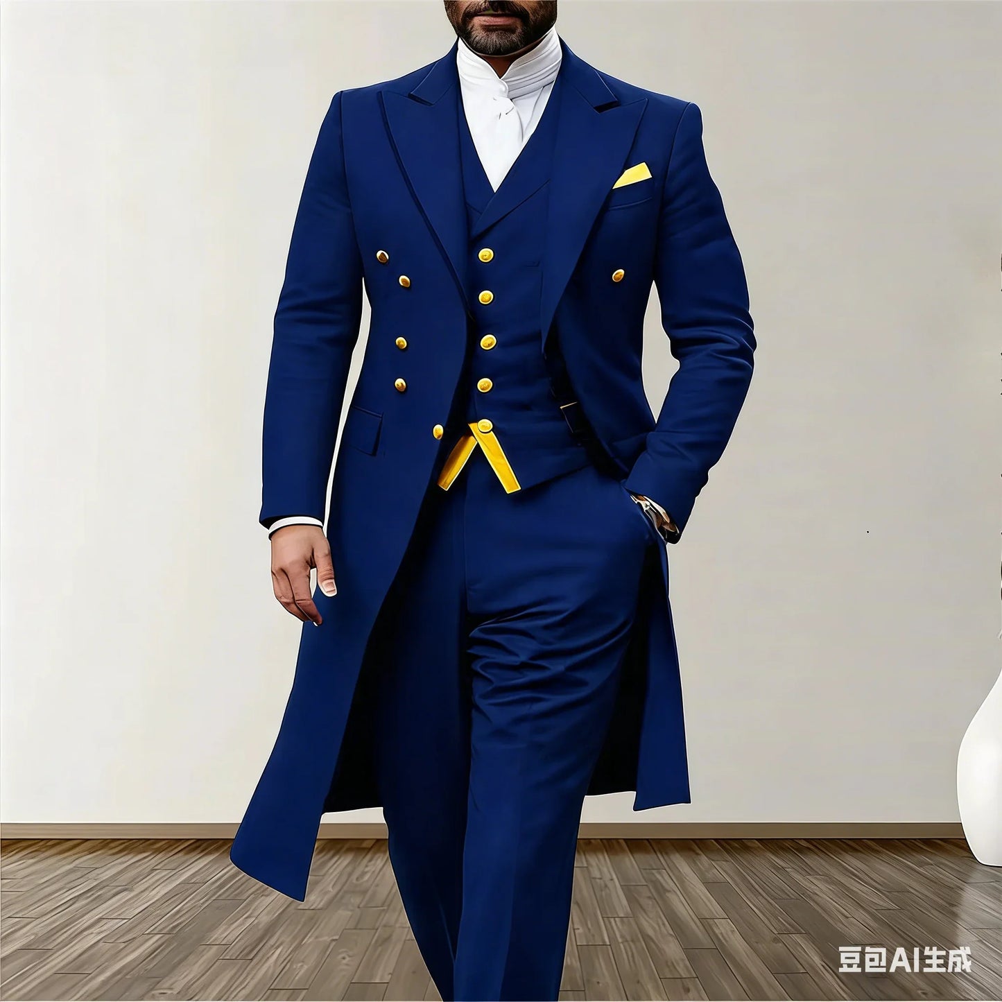 Blue Men Wedding Suits 3 Piece Long Blazer Vest Pants Satin One Button