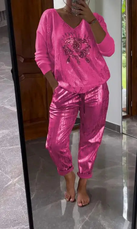 Plus-size Suit Women's Casual Fashion Metal Eye Decoration Long-sleeved Shirt Casual Pants Plus-size Women's Clothing 2025