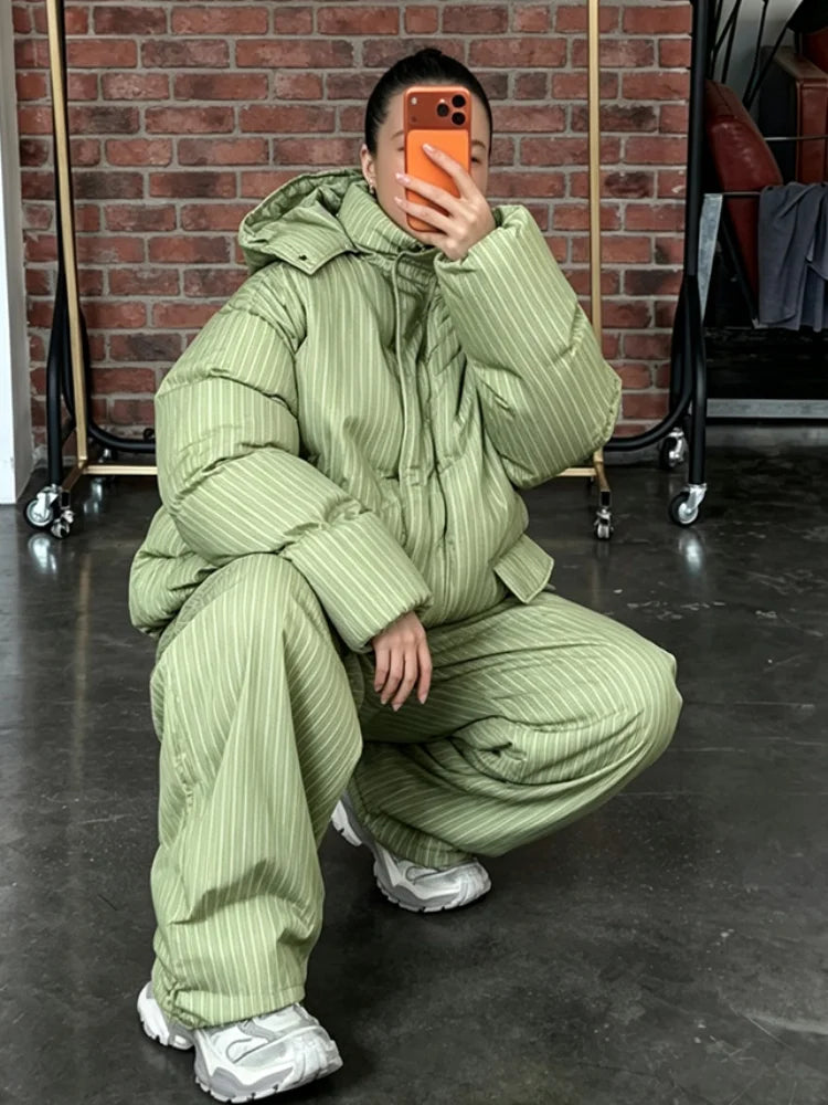 Women Striped Hooded Puffer Two Piece Outfit Oversized Cropped Jacket Baggy Pants Set Daily Outdoor Fashion Matching Outfit
