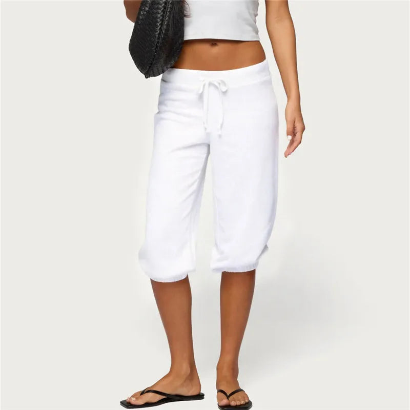 Low Rise Drawstring Yoga Wide Leg Pajama Pants Women Summer Capri Pants Casual Workout Sweatpants Knee Length Lounge Pants