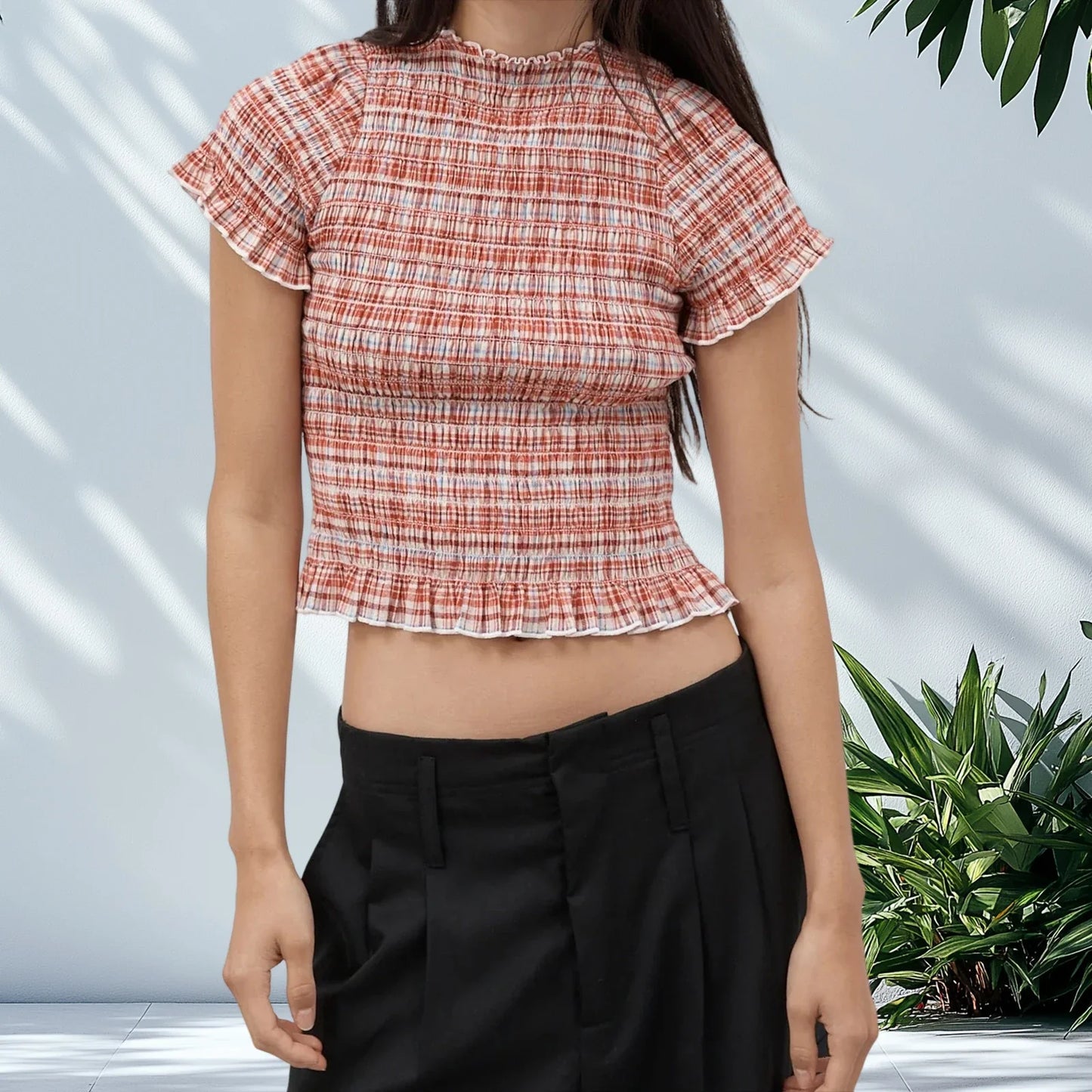 Women Casual Summer Plaid Print Shirred Tops Slim Mock Neck Short Sleeve Crop Ruffle T-shirts Streetwear