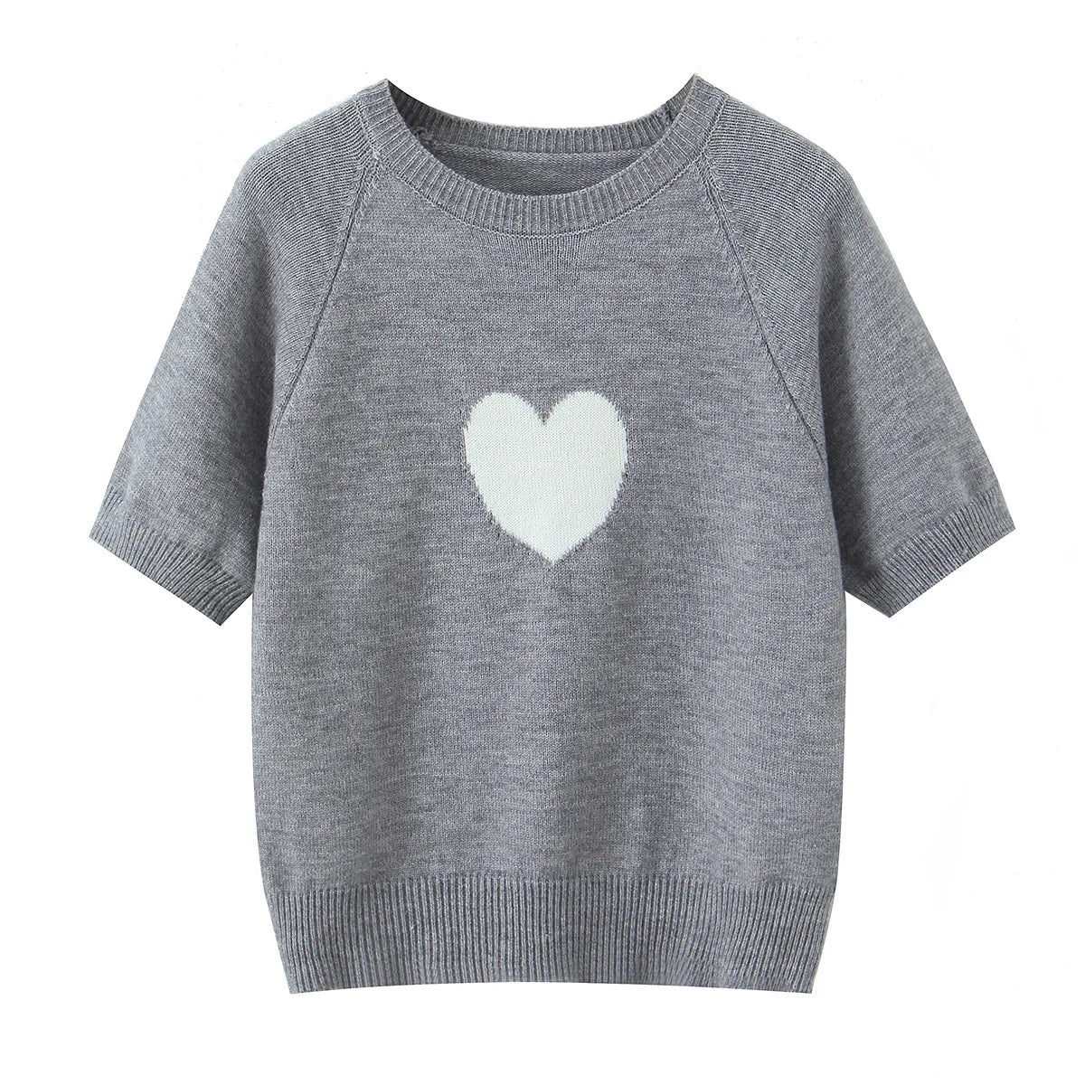 Fashion Casual Heart-patterned Short-sleeve Knit Shirt Women Heart Pattern Short Sleeve Knit Sweater Casual Crew Neck Top 7S5S