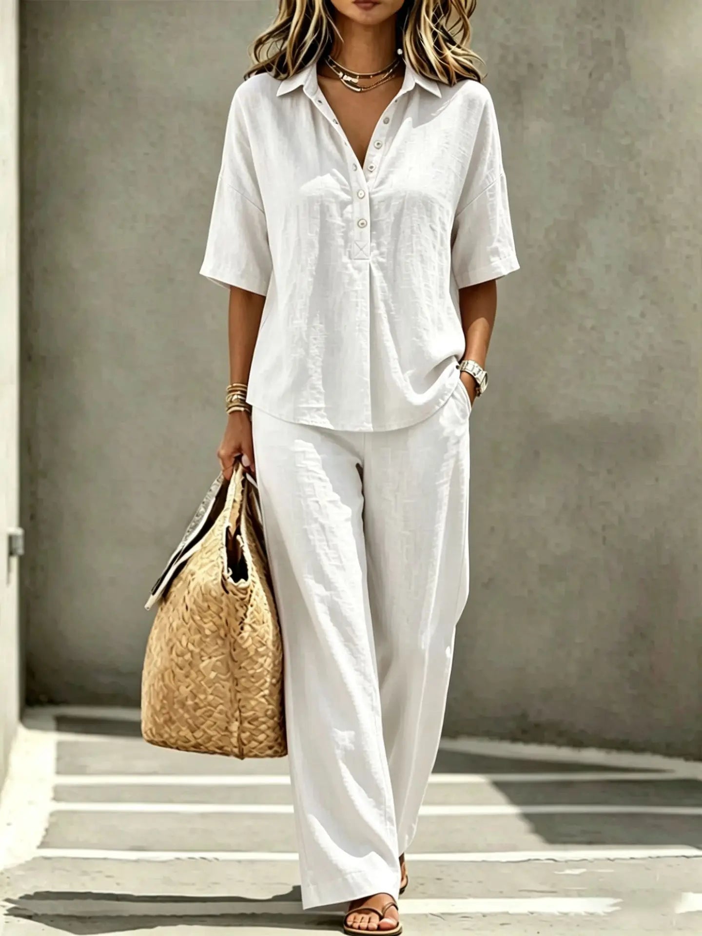 Elegant Office Holiday Two Piece Set Women Sleeveless V Neck Waistcoat Solid Black Textured Loose Wide Leg Trousers Street Match