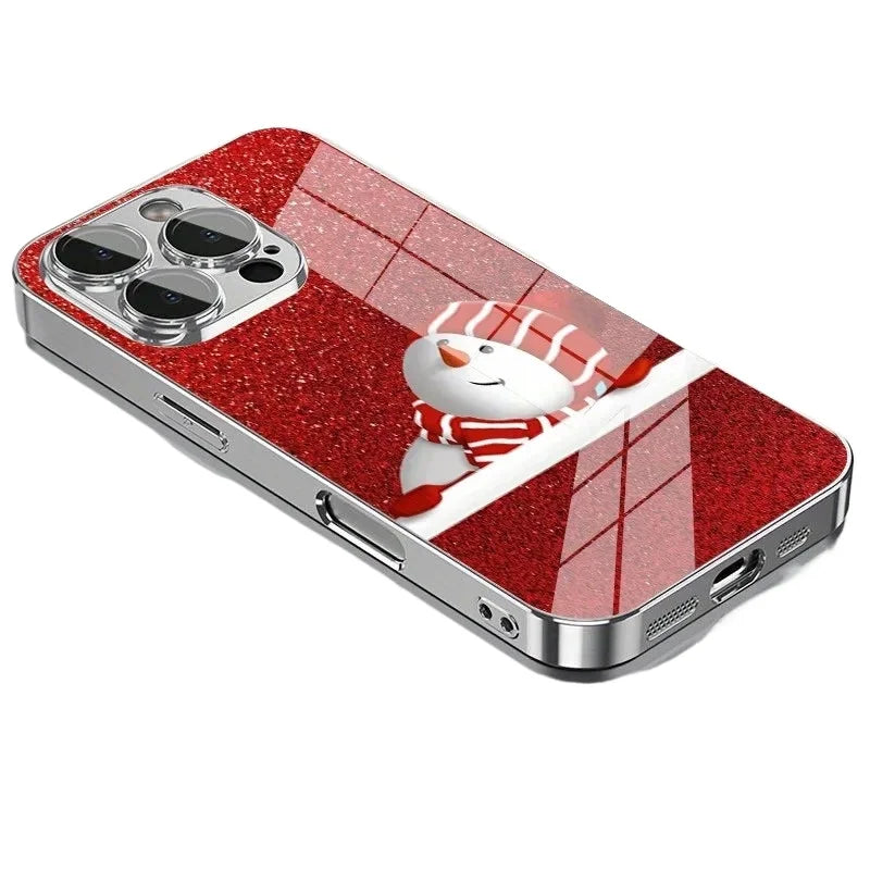 Funda de TELÉFONO con diseño de Papá Noel, muñeco de nieve, patrón navideño, de cristal galvanizado, para iPhone 11/12/13/14/15/16/17 Pro MAX