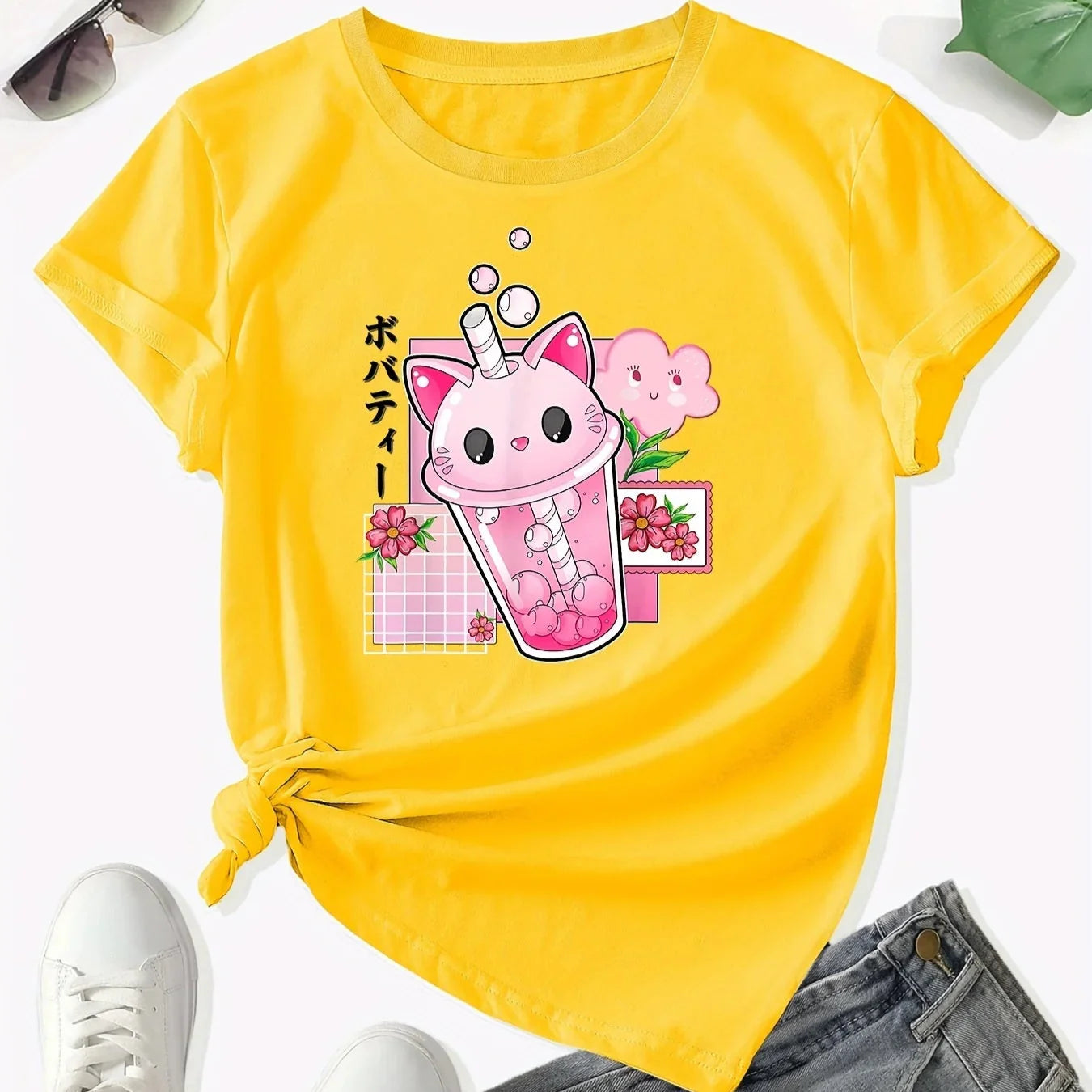 Camiseta con Taza de Gato y Té Boba