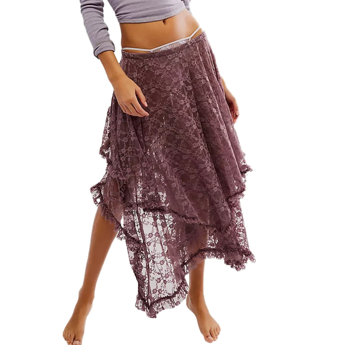 Women's Solid Color Midi Skirts Lace Elastic High Waist Skirts Spring Summer Sweet Irregular Hem Casual Skirts
