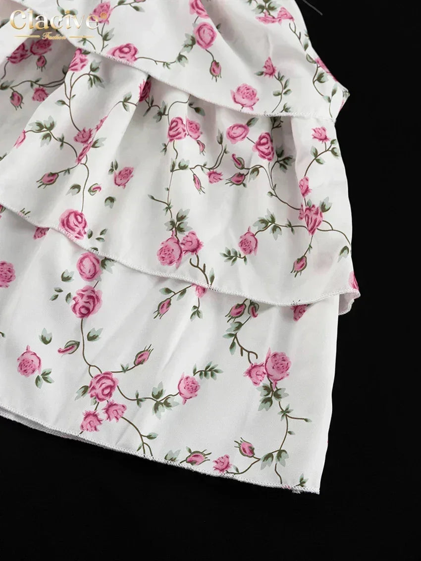 Clacive Summer Slim Print Women's Dress 2024 Sexy V-Neck Short Sleeve Mini Dresses Elegant High Waist Pleated Female Dress