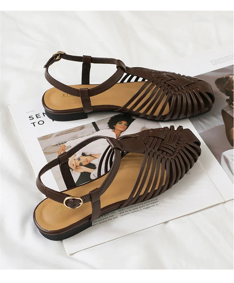 ZAROY Summer Women Gladiator Sandals Flat Ankle Strap Narrow Band Roman Shoes Casual Beach Vacation Hollow Out Big Size Sandalia