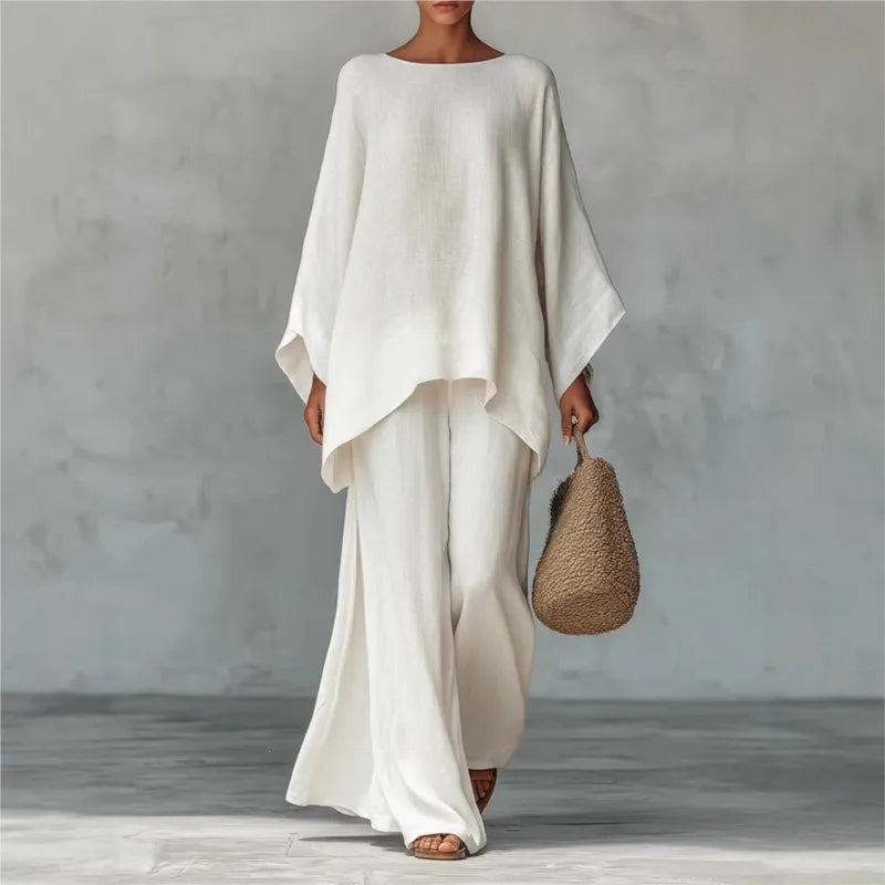 Women's Elegant Loose Round Neck Top Wide Leg Pants Set Casual Simple Long Sleeve Solid Color Two-Piece Set