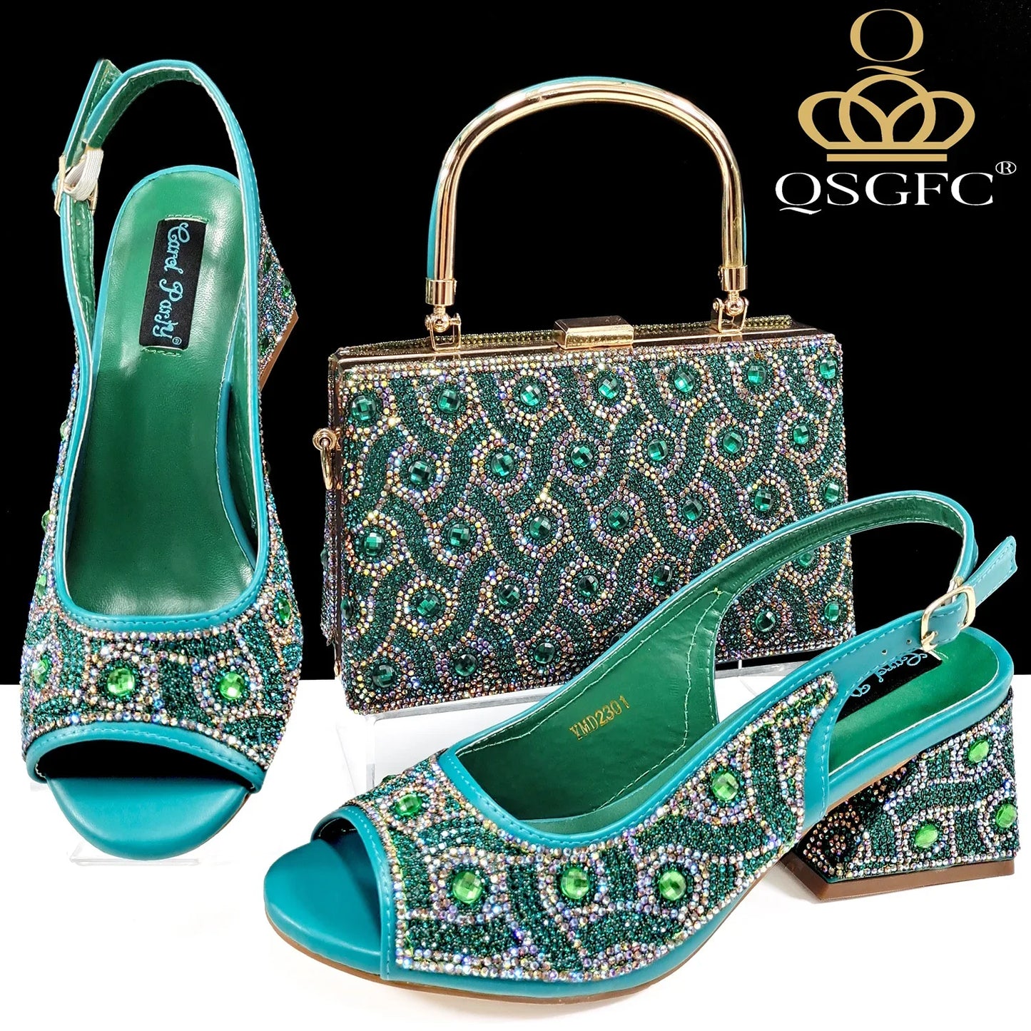 QSGFC 2024 Rhinestone Design INS Hot Sale New Arrivals African Shoes and Bag Set in Green Color Open Toe Comfortable Women Heels