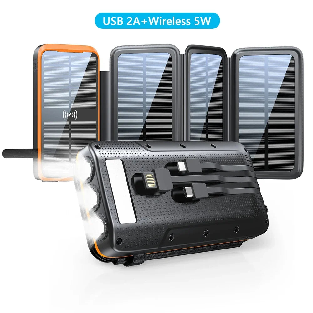 43800mAh Solar Power Bank Quick Wireless Charger External Battery Pack PD 20W Powerbank Built Cables LED Light for iPhone Xiaomi