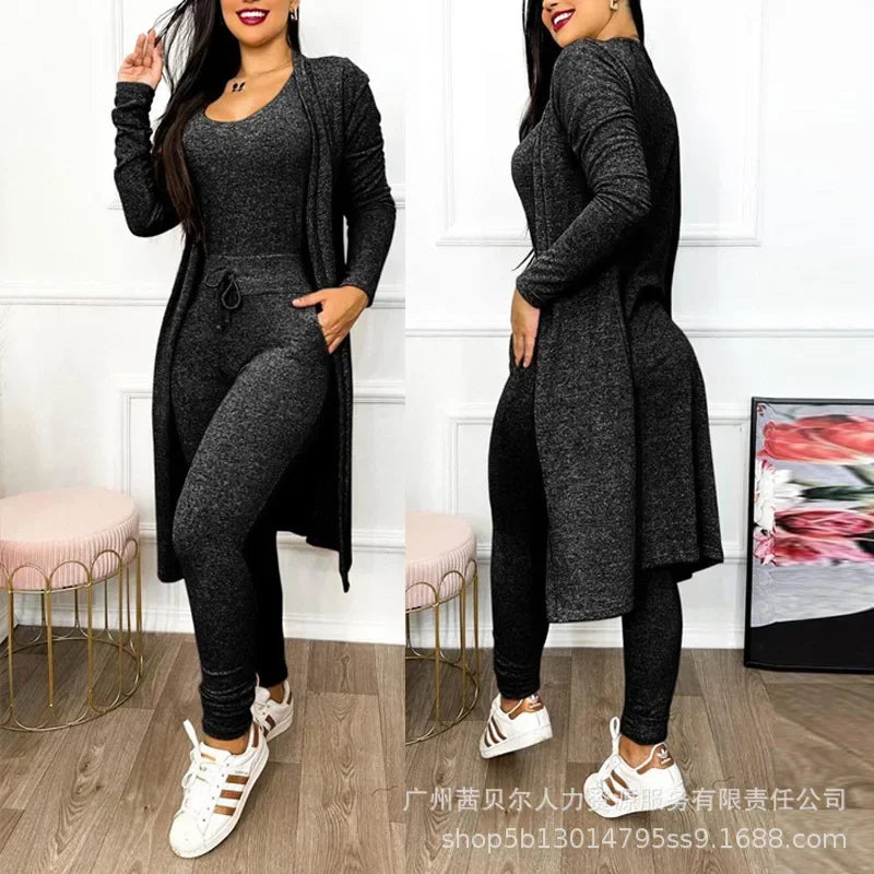 2026 Jumpsuit & Coat Set Autumn Women Drawstring Pocket Pants Sets One Piece Y2k Long Jumpsuit High Waist Coats Two Piece Sets