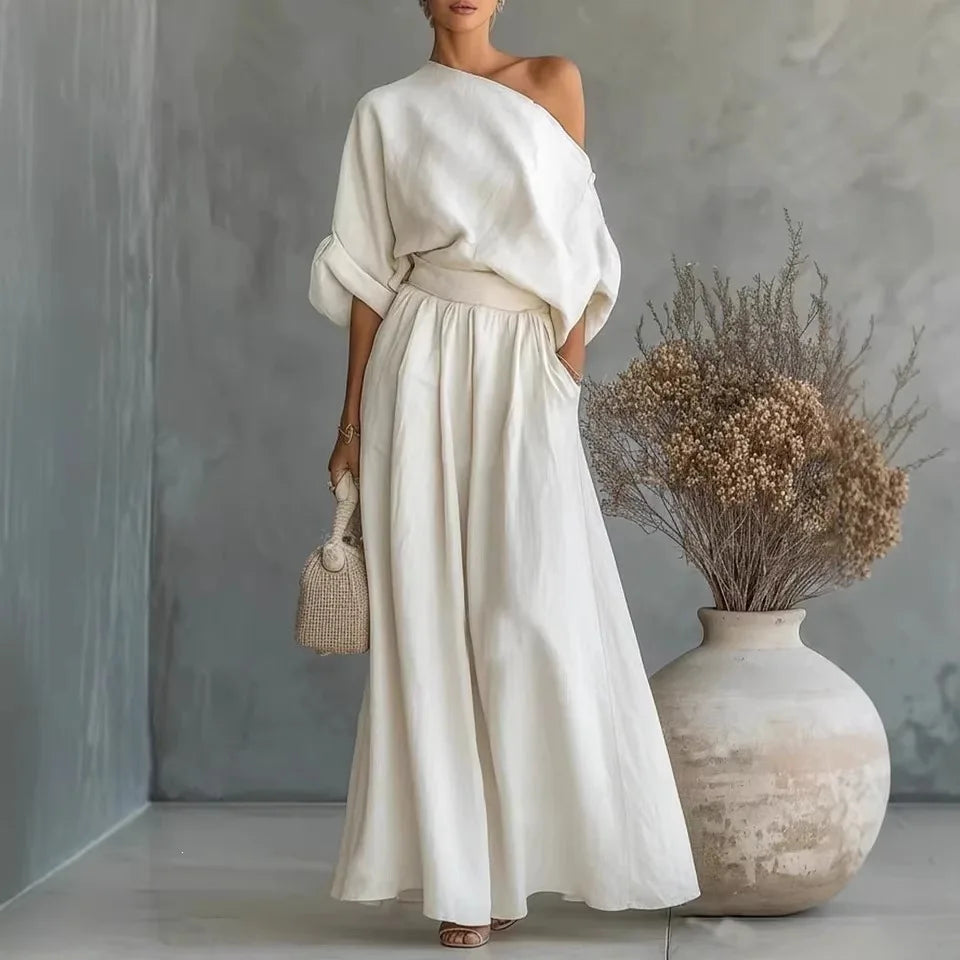 Pant Set Women Elegant Two Piece Sets Skew Collar Half Sleeve Shirt Wide Leg Long Pants Tight Waist Y2k Streetwear Work 2026