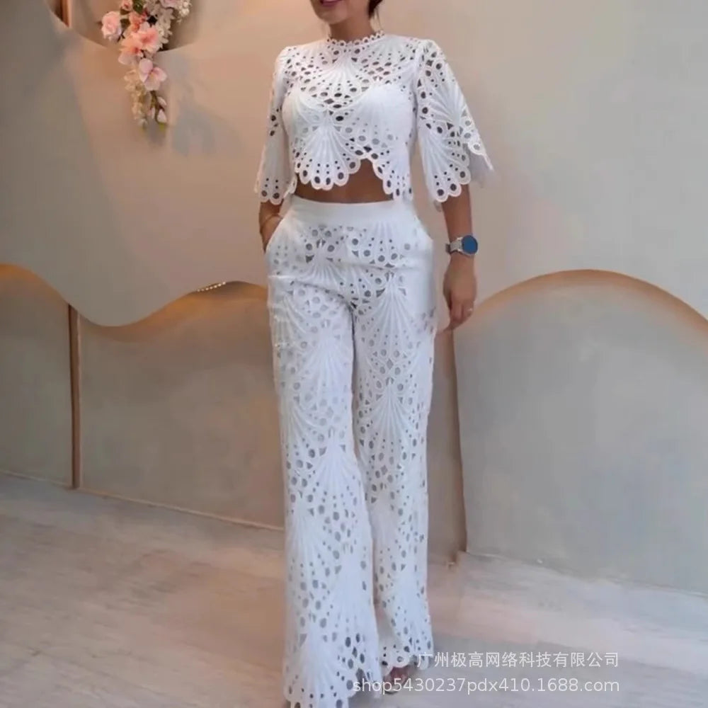 Women 2 Pieces Outfit Lace Hollow Out Bell Sleeve Crop Top and Casual Slim Fit Straight Leg Pants Set