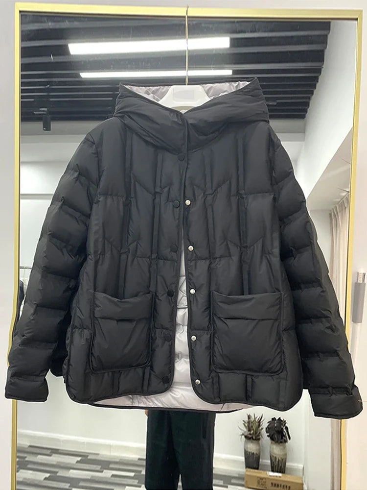 Winter Women 90% White Duck Down Coat Female Stand Collar Single-Breasted Puffer Jacket Casual Loose Hooded Parkas Coat Women