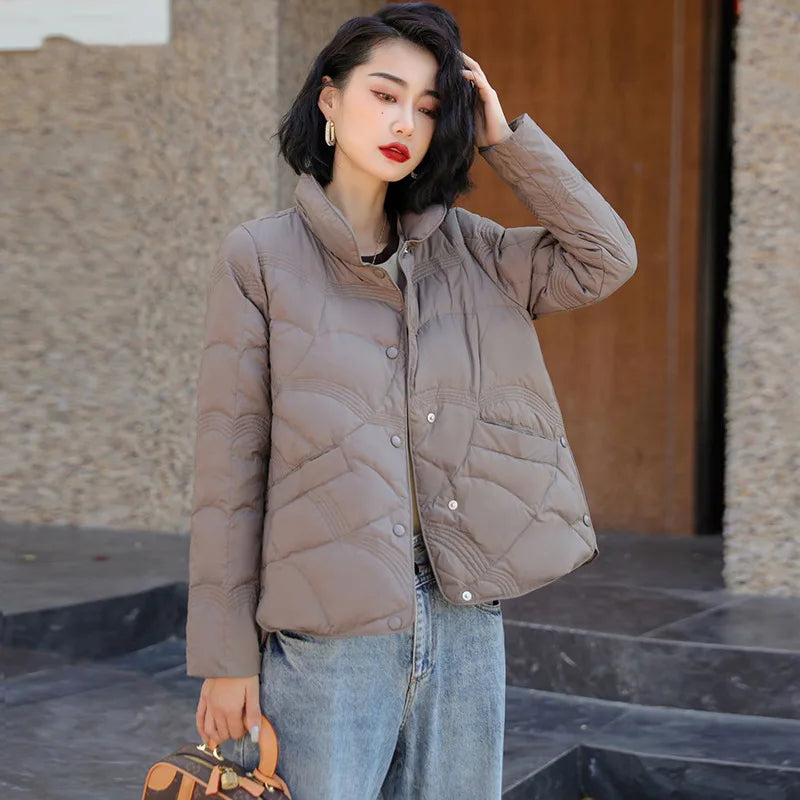 Women's Winter Short Down Jacket Stand Collar Plaid Solid White Duck Down Coat Lady Puffer Jackets  max mara пуховик JK-229