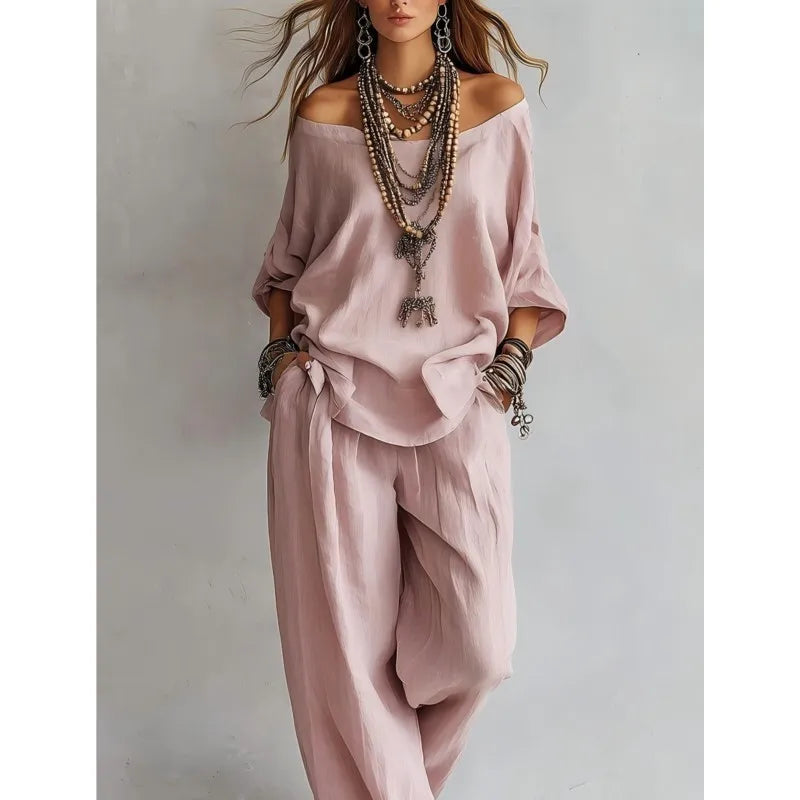 Summer New Casual Loose Linen Women's Two Piece Set Three-quarter Sleeve Off Shoulder Top Wide Leg Pants Suit Women Clothing