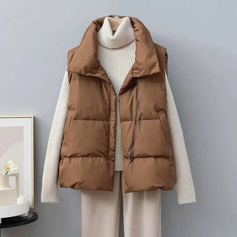 2024 New Winter Warm Cropped Vest Jackets for Women Fashion Sleeveless Stand Collar Zip Up Puffer Waistcoat Street Style Outwear
