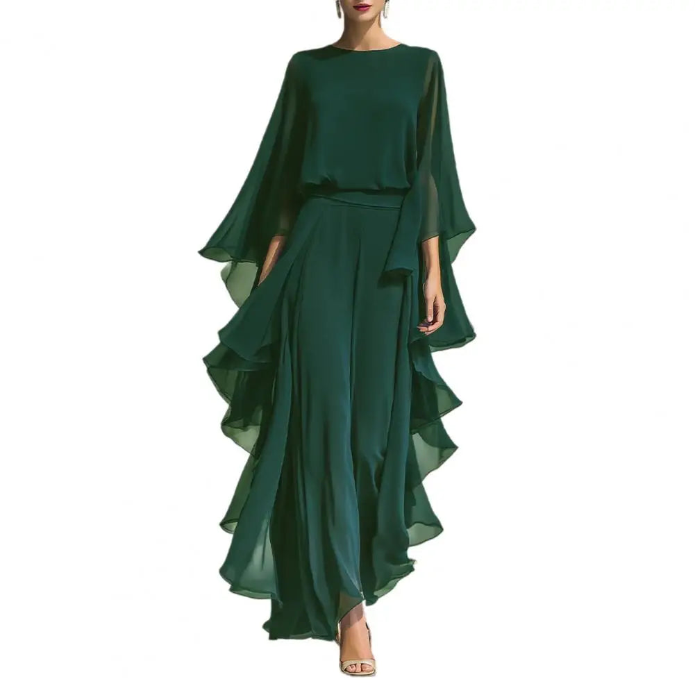 Women Top Pants Two-Piece Set Summer Loose Fit Casual Ruffle Bell Sleeve Shirt Solid Color Wide Legs Pants Trousers